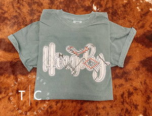 Howdy tee (cursive, white aztec)